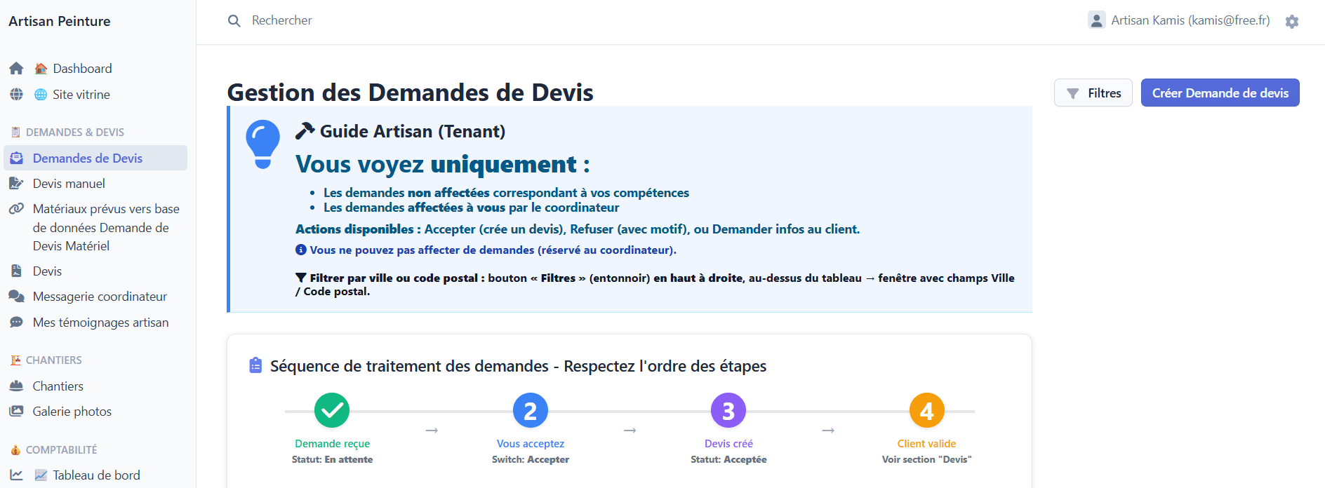 Admin artisan — gestion des demandes de devis et séquence de traitement
