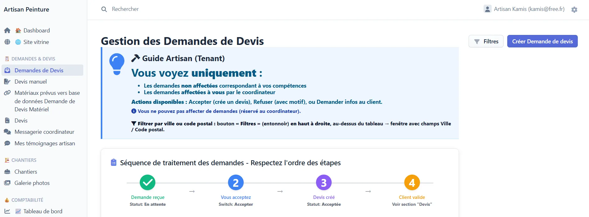 Painter contractor admin interface - Complete management of quote requests, projects and invoicing in Marseille