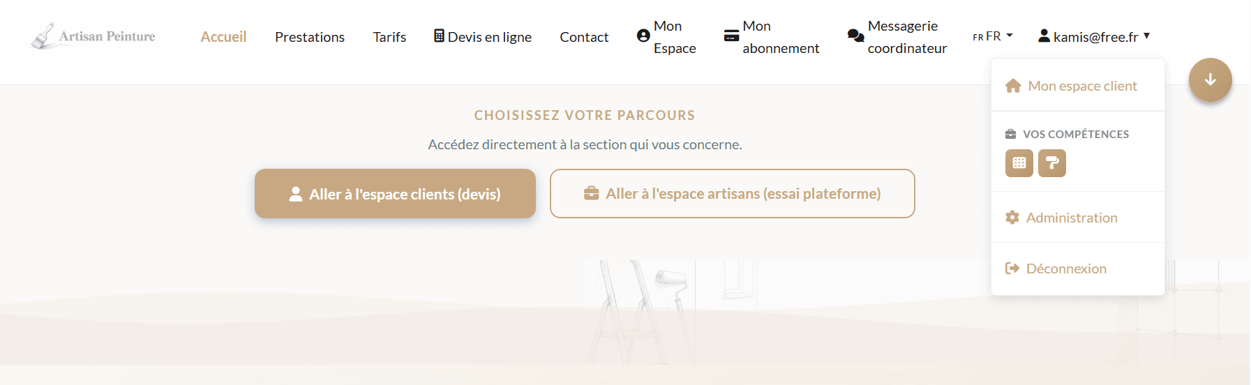 Accueil — choix du parcours client ou artisan et menu compte