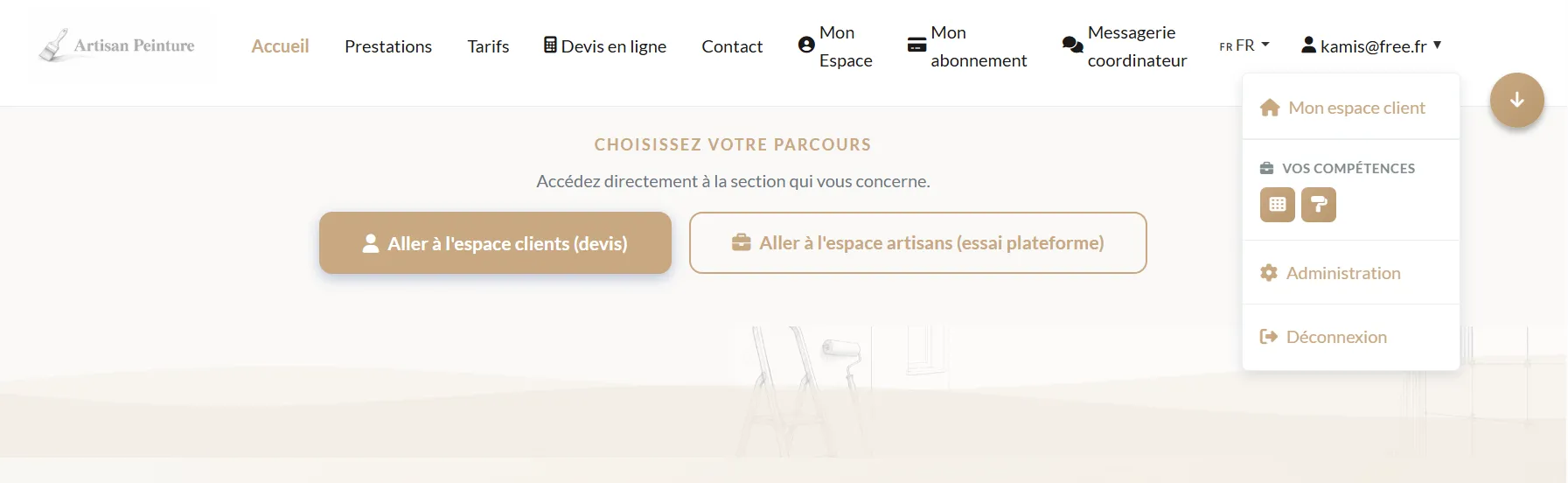 Artisan Peinture platform homepage - Access to free quote customer area and professional contractor space