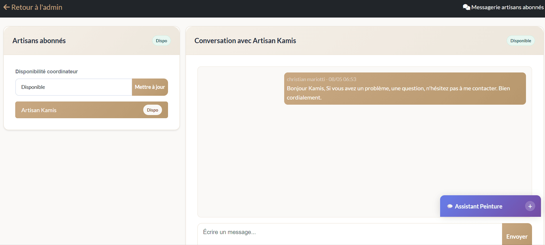 Messagerie coordinateur — artisans abonnés et conversation