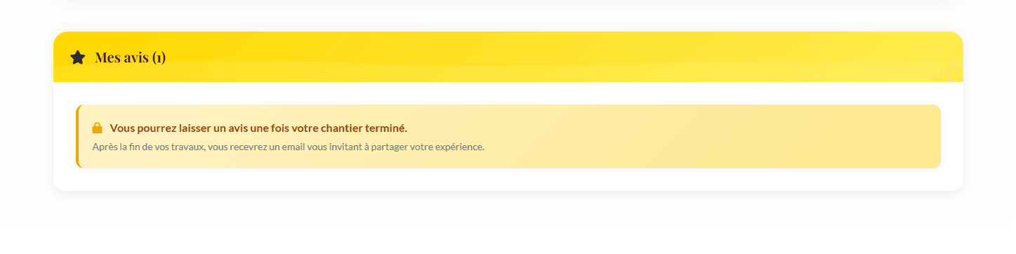 Espace client — carte Mes avis et invitation après chantier