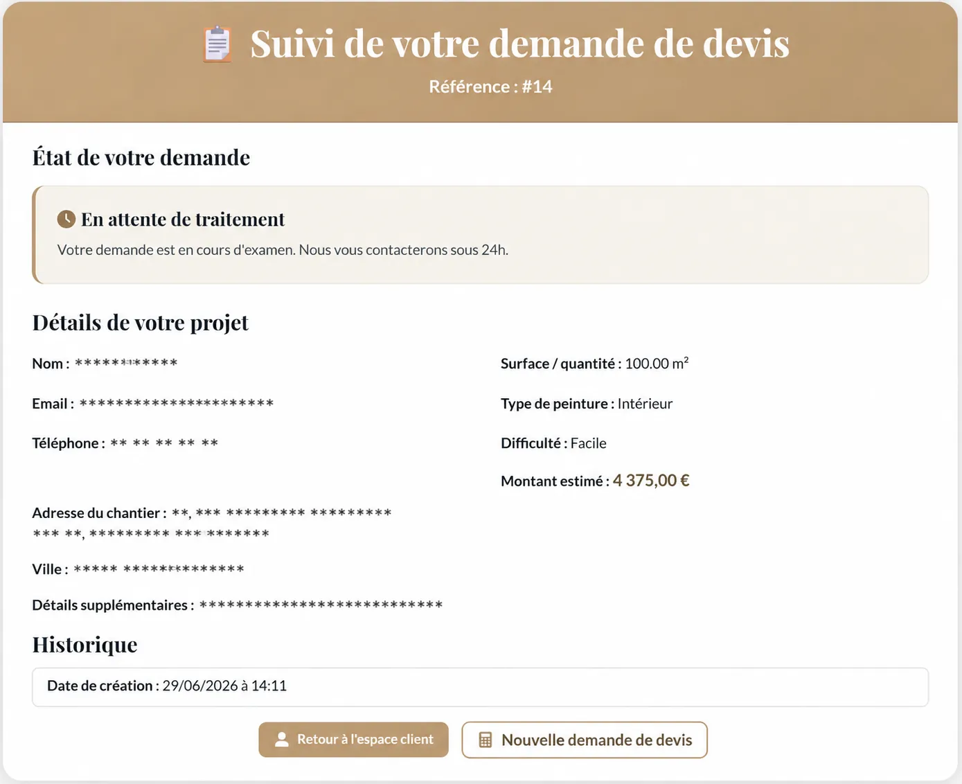 Renovation client area - Management of accepted quotes, ongoing projects and invoices Artisan Peinture Marseille