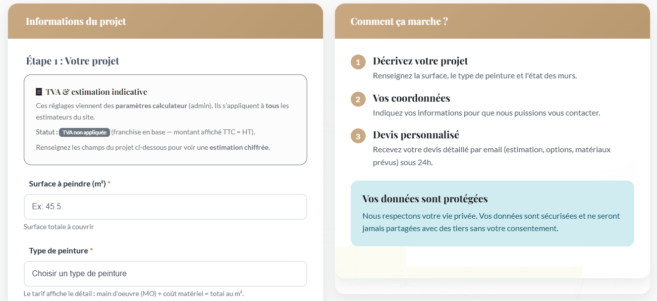 Calculateur peinture — projet et aide latérale