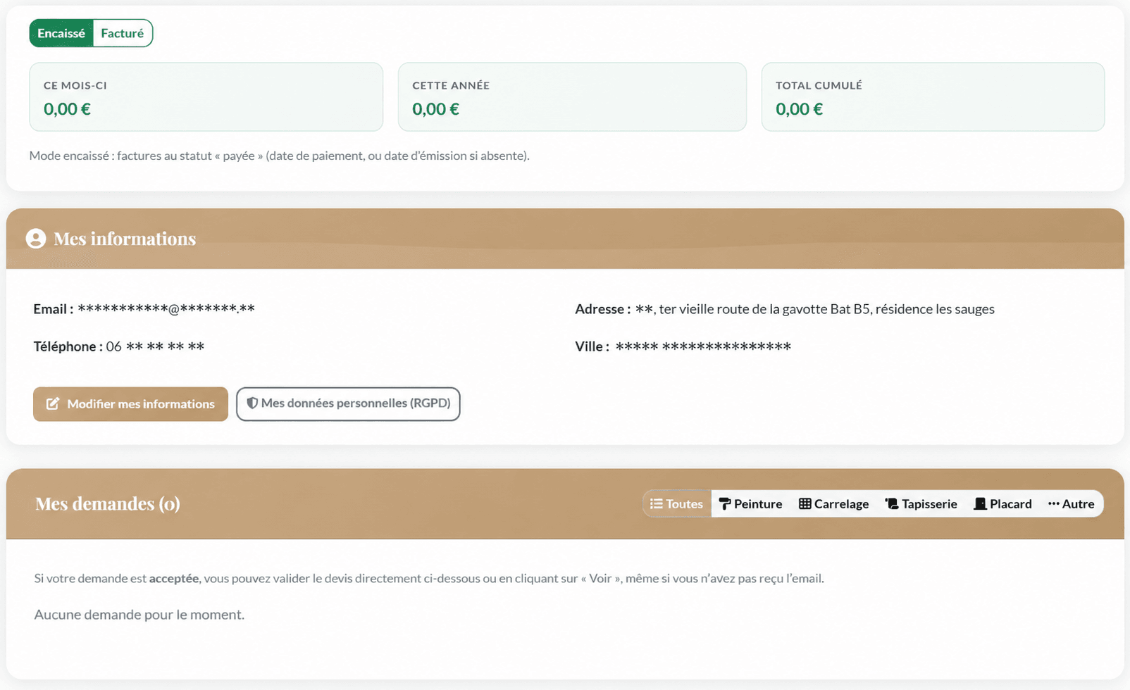 Espace client — synthèse financière, informations et demandes