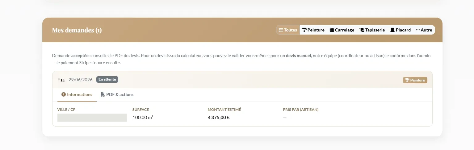 Customer dashboard Artisan Peinture - Tracking painting, tiling and renovation quote requests in Marseille